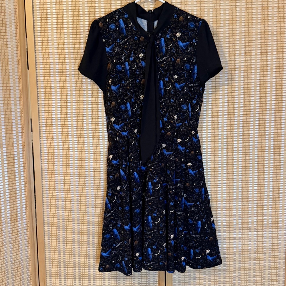 Smak Parlour Witchy Print Tie Neck Dress Navy Black Large Whimsigoth